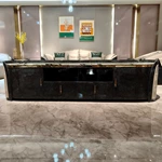 Luxury TV Stand with Dark Natural Wood Veneer Marble Top Embossed Side Panels and Stainless Steel Handles